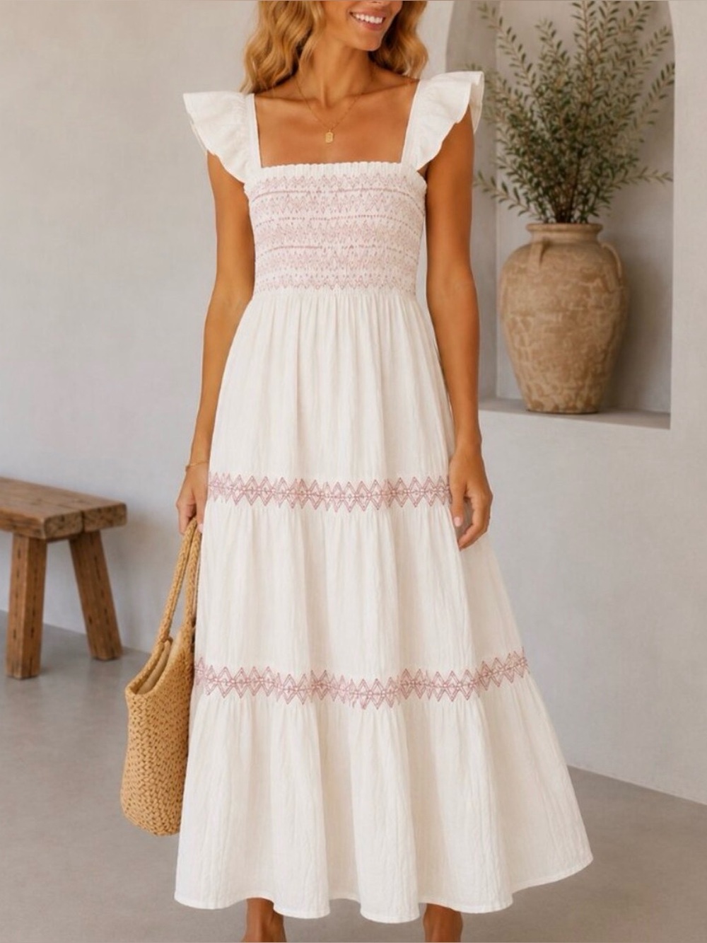 Madewell Cream Maxi Dress with Pink Trim